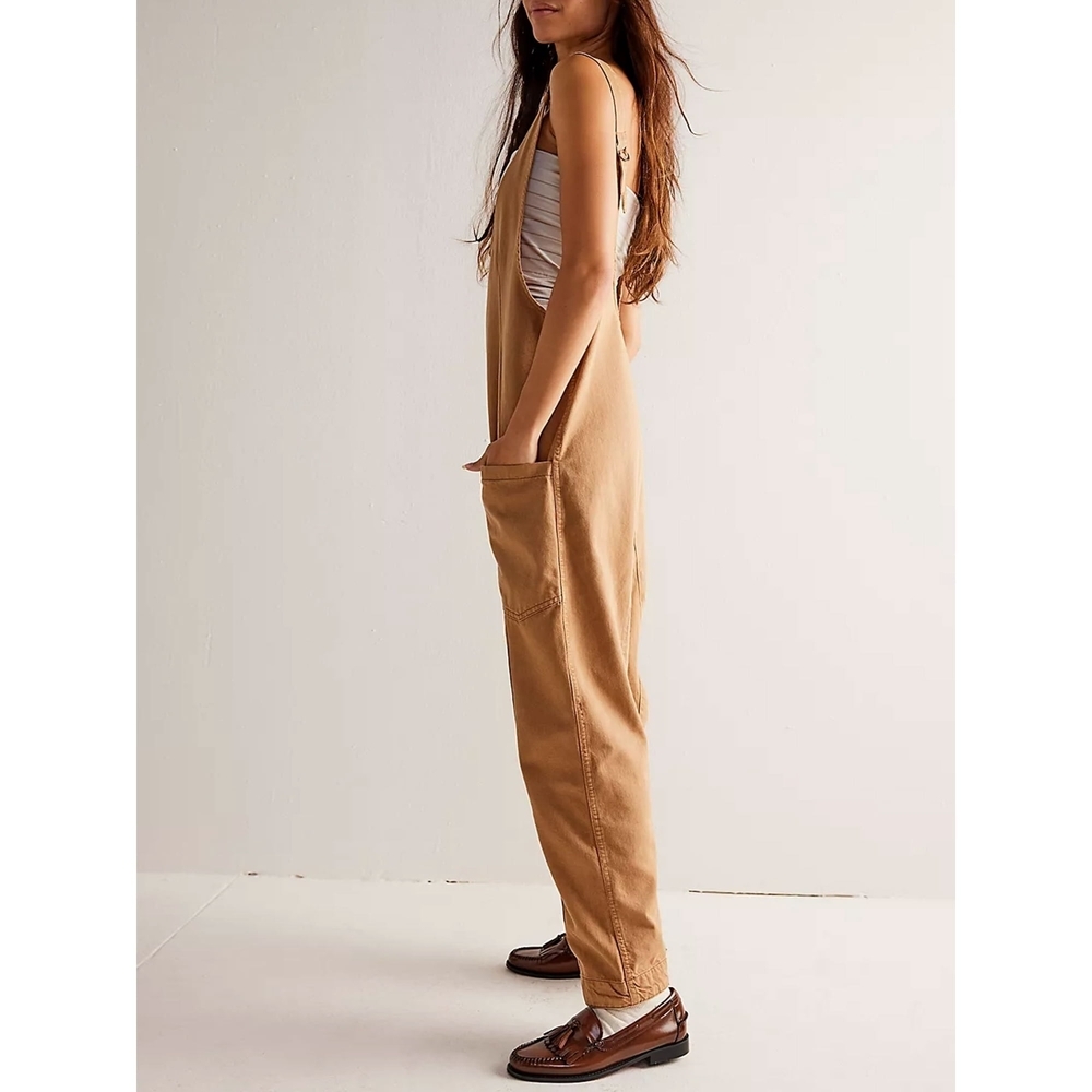 Oversized Tan Jumpsuit with Pockets Boho Cottacore Garden Workwear Size Small - Picture 4 of 13